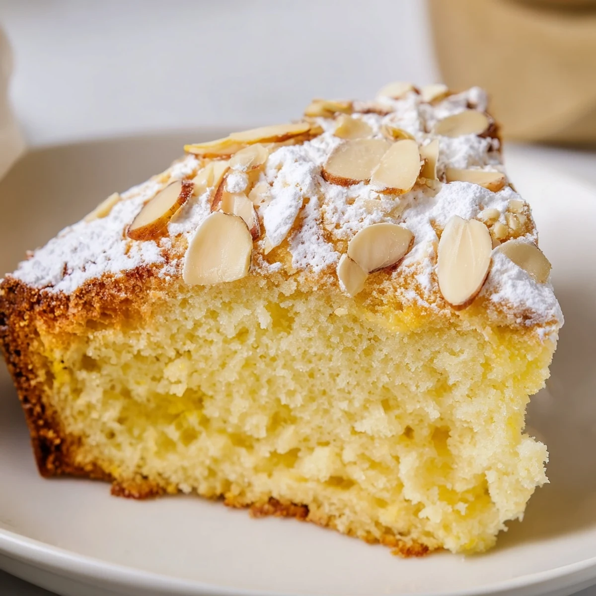 Sliced Lemon Ricotta Cake with Almonds shows moist crumbs, lemon zest, and toasted almond slices on a rustic wooden board.