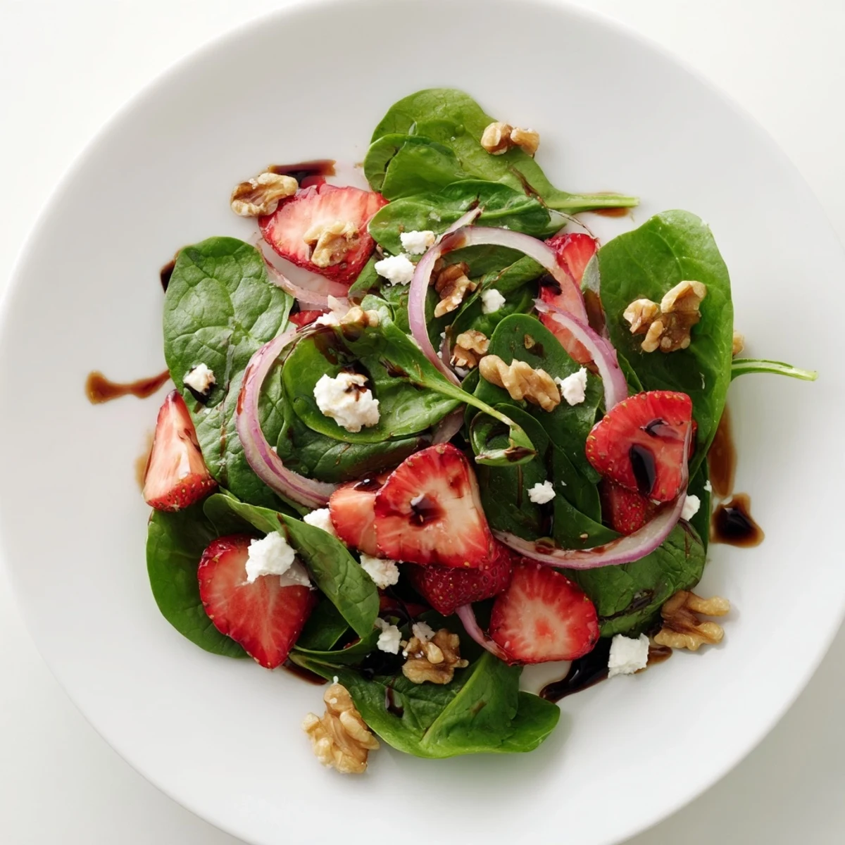 Fresh baby spinach leaves topped with sweet sliced strawberries, toasted walnuts, and creamy feta in a vibrant Strawberry Spinach Salad with Walnuts.