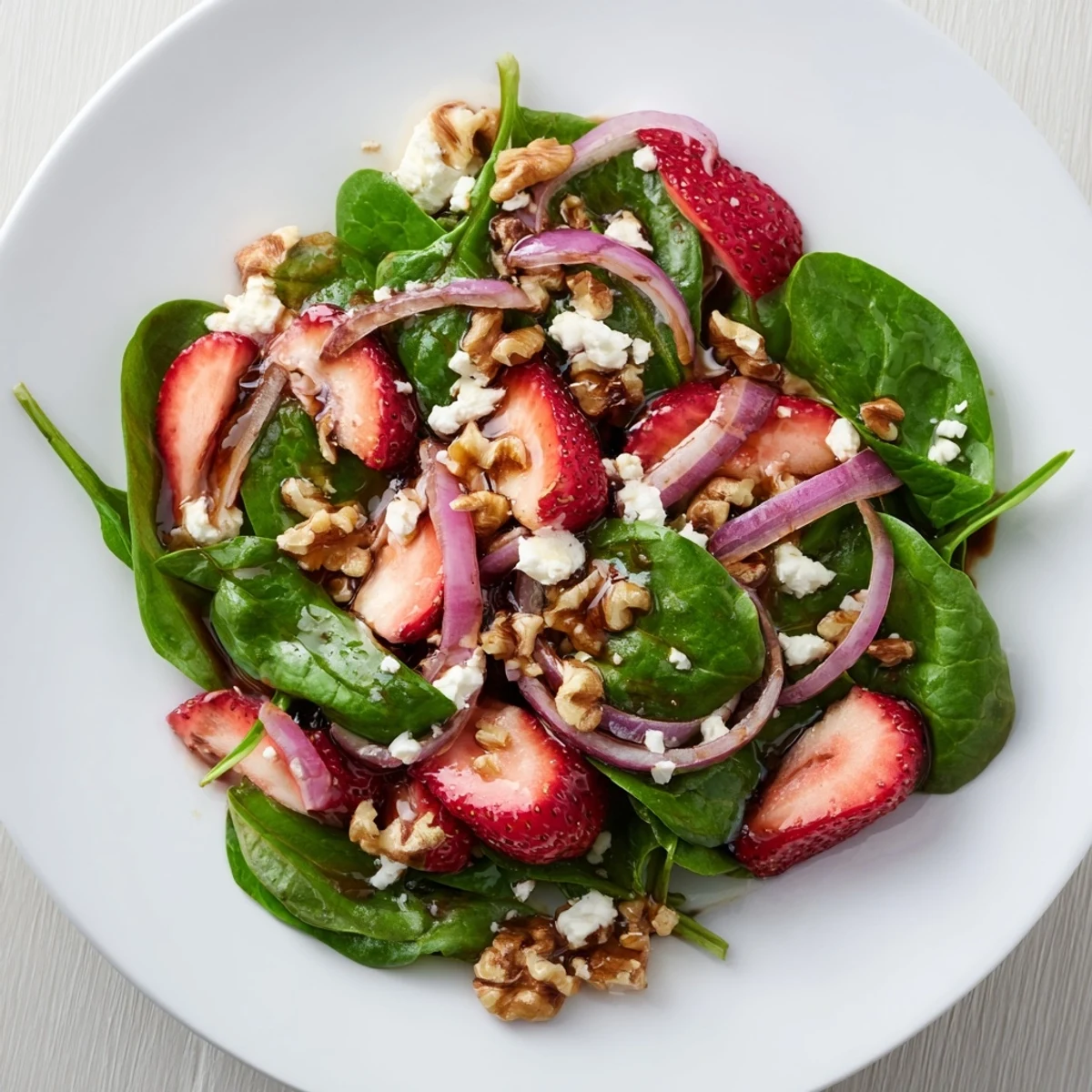 A beautiful serving of Strawberry Spinach Salad with Walnuts tossed in tangy balsamic vinaigrette, ideal for a light lunch or summer dinner.