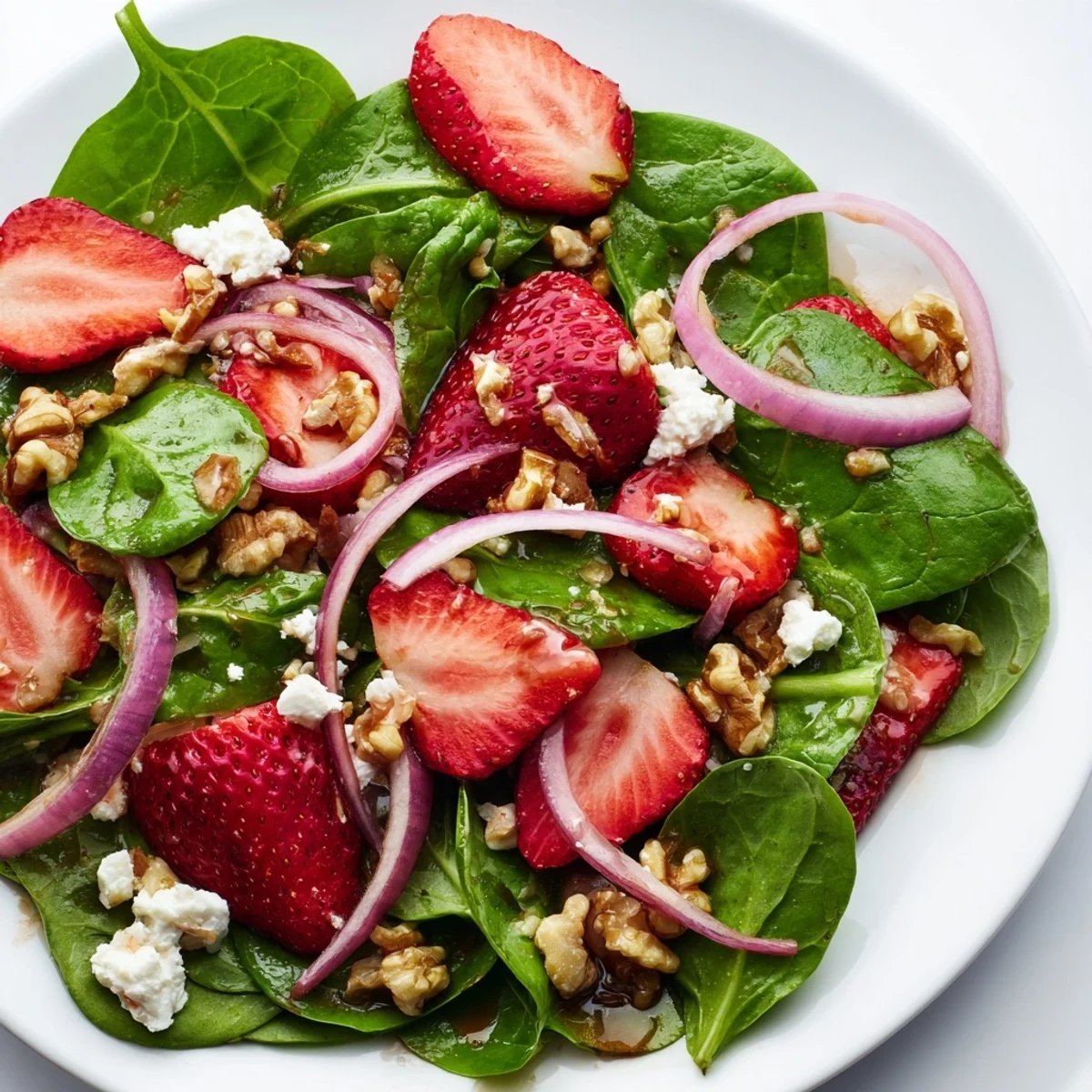Close up of Strawberry Spinach Salad with Walnuts featuring red onion and feta, highlighting the crunchy texture and fresh green spinach.