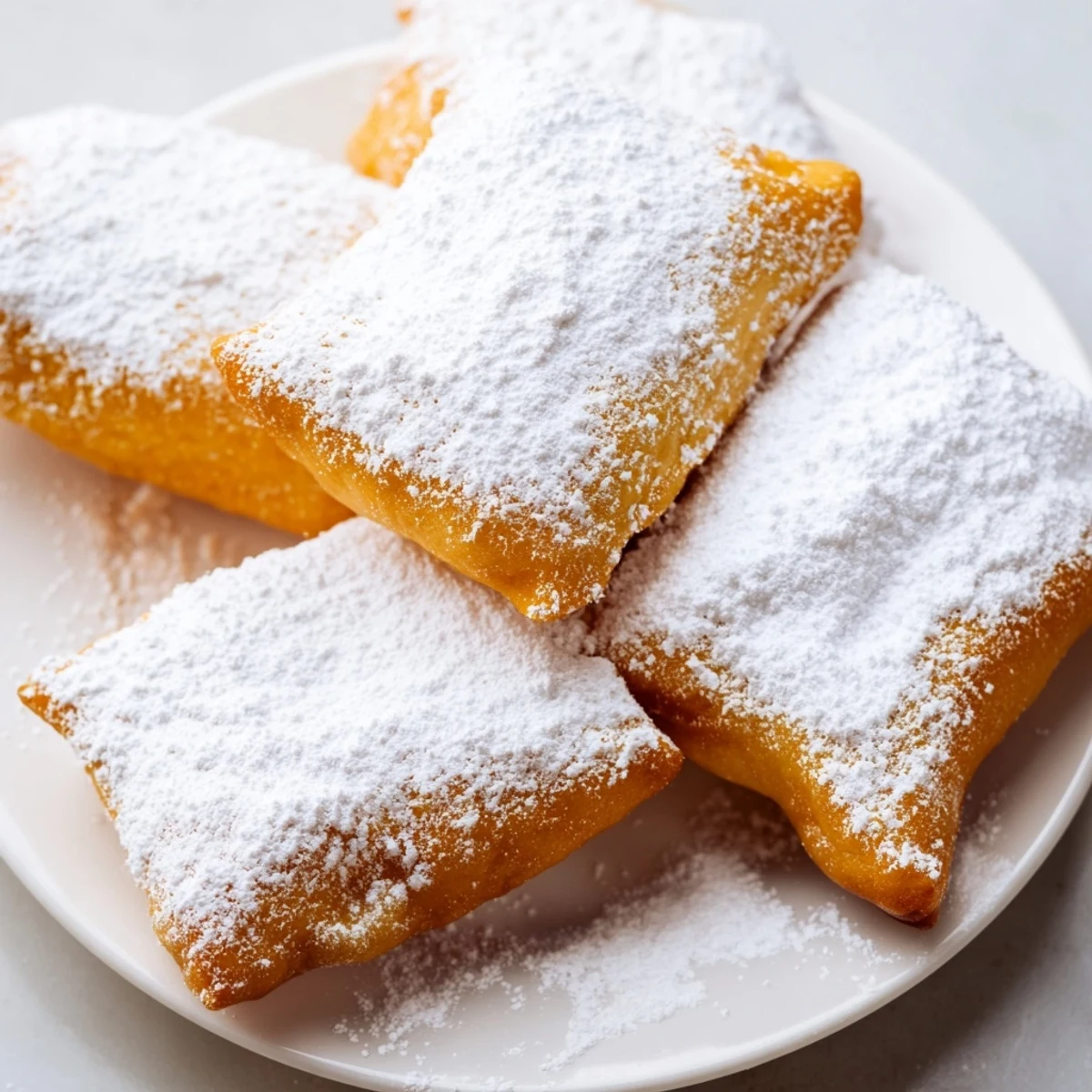 Freshly fried Mardi Gras fried dough rectangles with powdered sugar glaze, ready to enjoy with coffee.