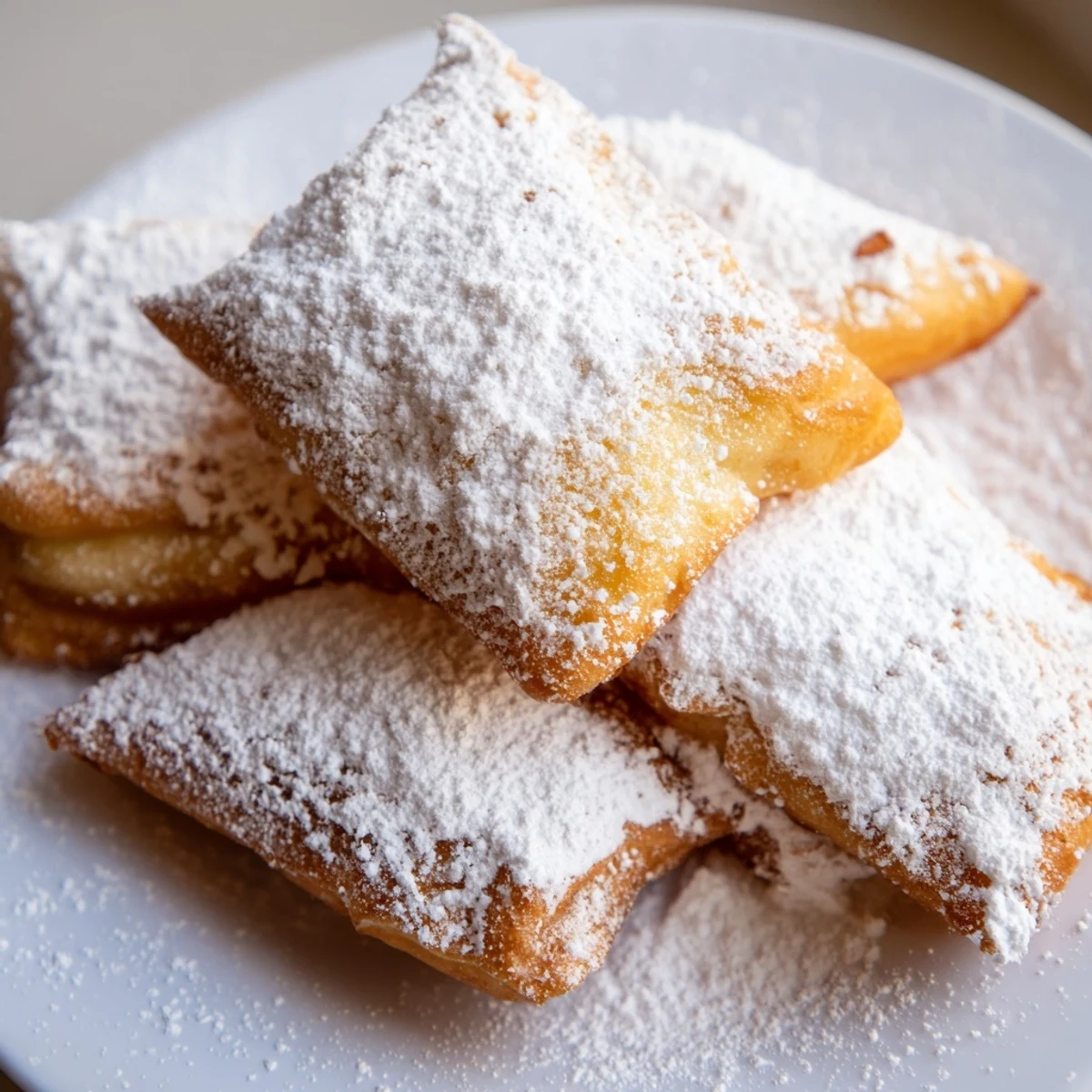 Golden brown Mardi Gras fried dough pieces are dusted with powdered sugar, served warm on a plate.