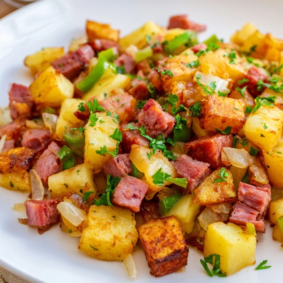Golden crispy corned beef hash with potatoes and sautéed onions, served hot in a skillet.