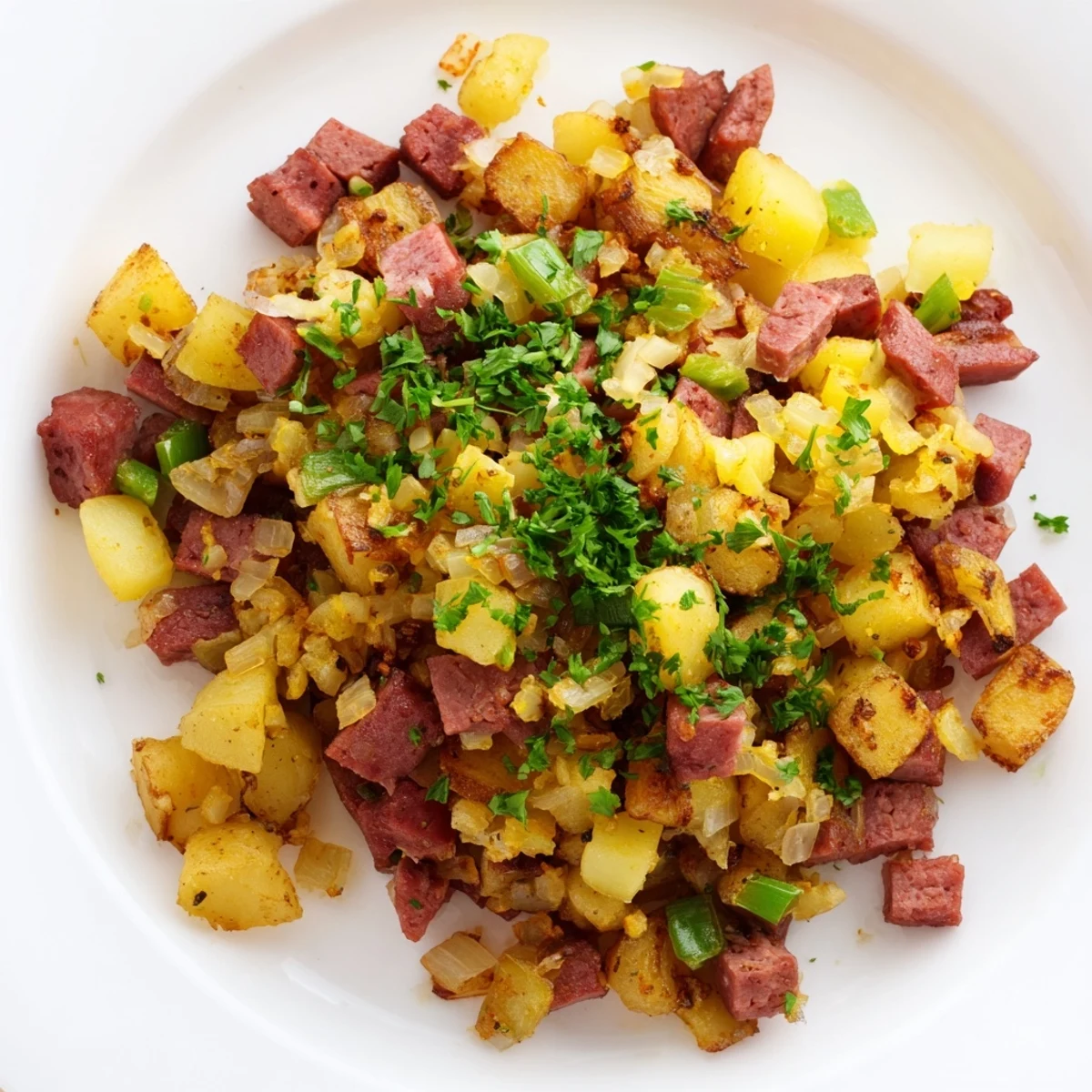 A close-up of savory corned beef hash with potatoes, topped with fresh parsley and eggs.