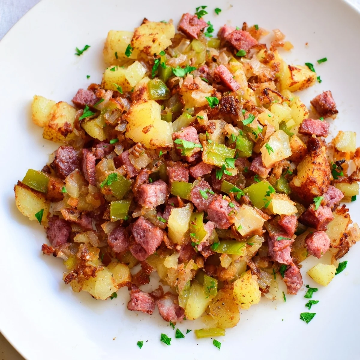 Hearty American-style corned beef hash with diced potatoes and peppers sizzling in a cast iron pan.