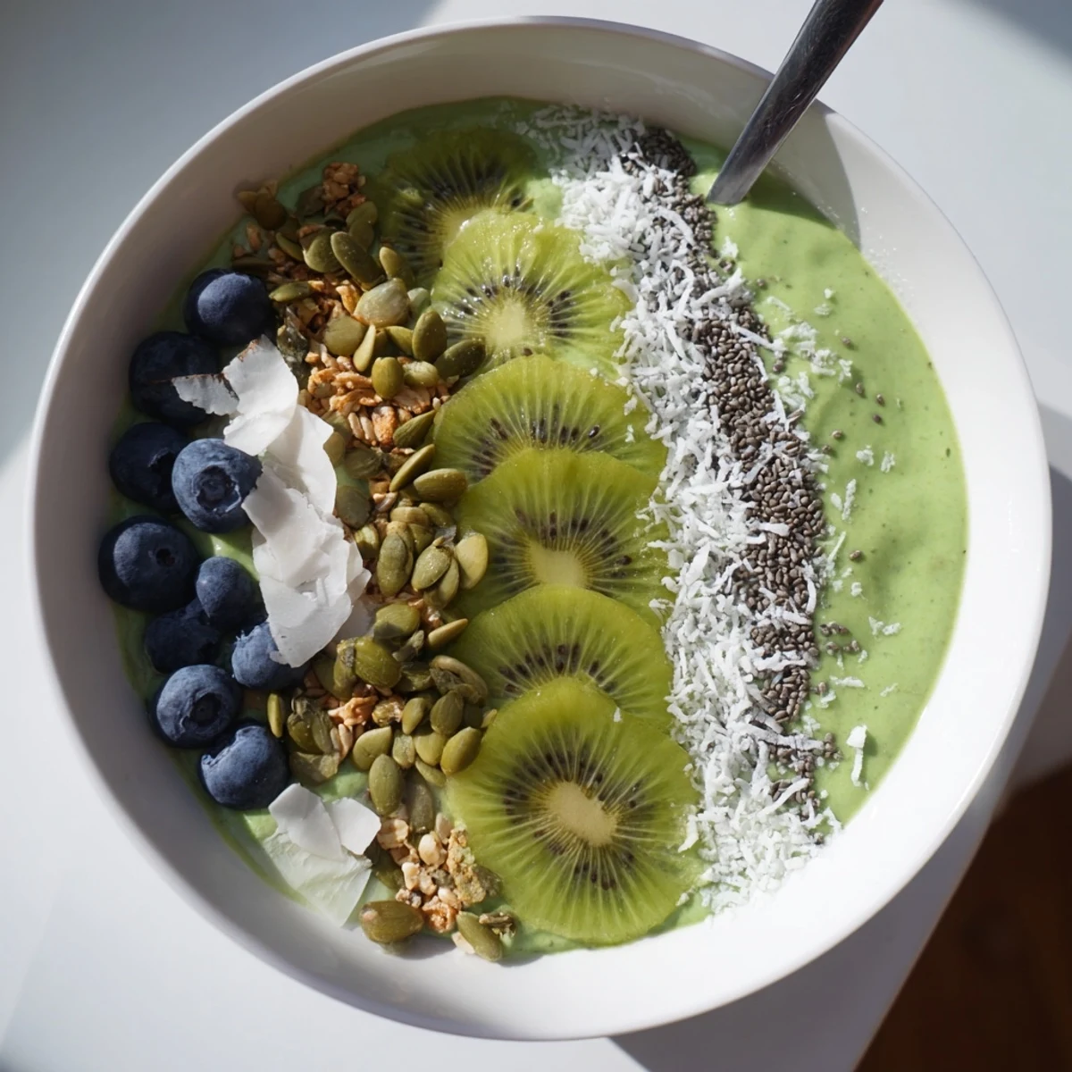Two bowls of the Green Smoothie Bowl with Toppings showcase a swirl of spinach and mango, topped with hemp seeds and shredded coconut.