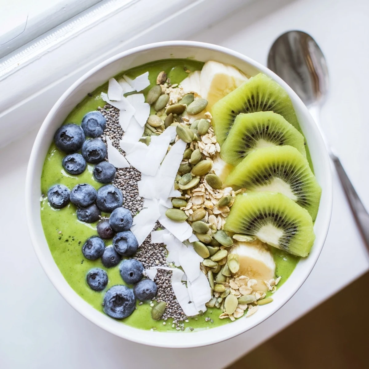 Enjoy this Green Smoothie Bowl with Toppings featuring sliced kiwi and pumpkin seeds, served fresh with a spoon in bright morning light.