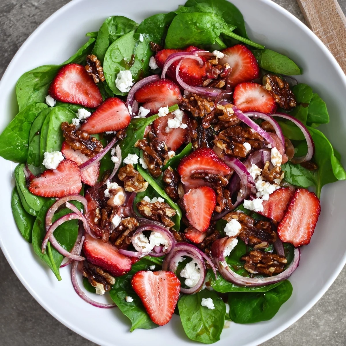 Bright fresh baby spinach and sliced strawberries topped with crunchy candied walnuts and crumbled feta in a salad bowl.