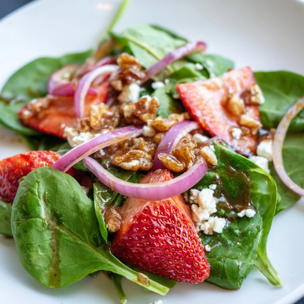 A close-up view of Strawberry Spinach Salad with Candied Walnuts drizzled with balsamic vinaigrette, served as a vegetarian side.