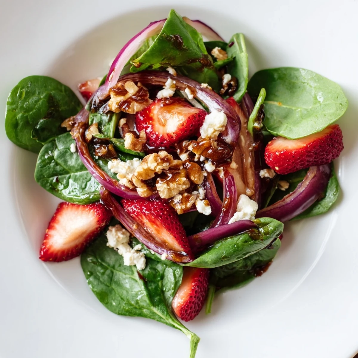A vibrant Strawberry Spinach Salad with Candied Walnuts tossed with red onion and feta, ready for a healthy American dinner.