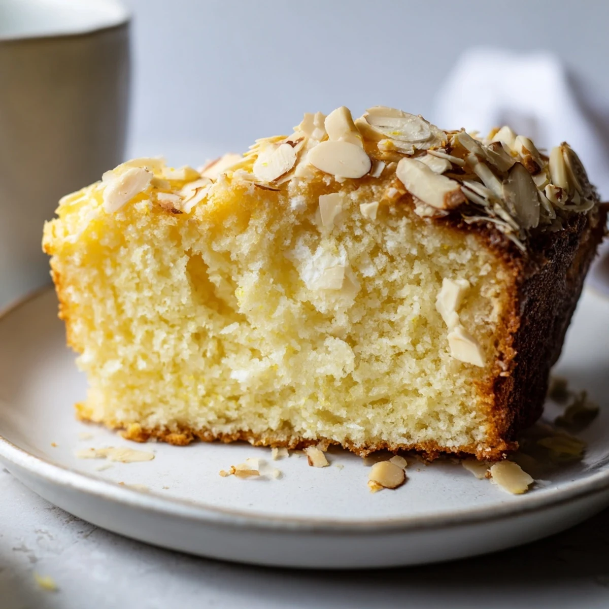 Slice of Lemon Ricotta Cake with Sliced Almonds on a white plate, perfect for serving with tea or fresh berries. 