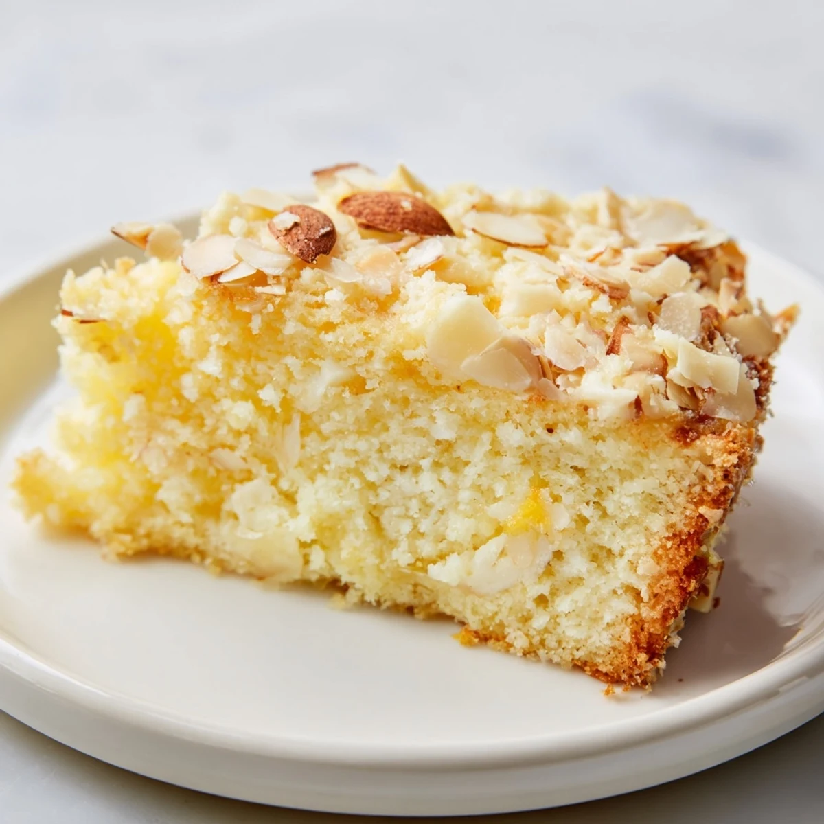 Close-up of Lemon Ricotta Cake with Sliced Almonds, highlighting the zesty glaze and crunchy nut topping.