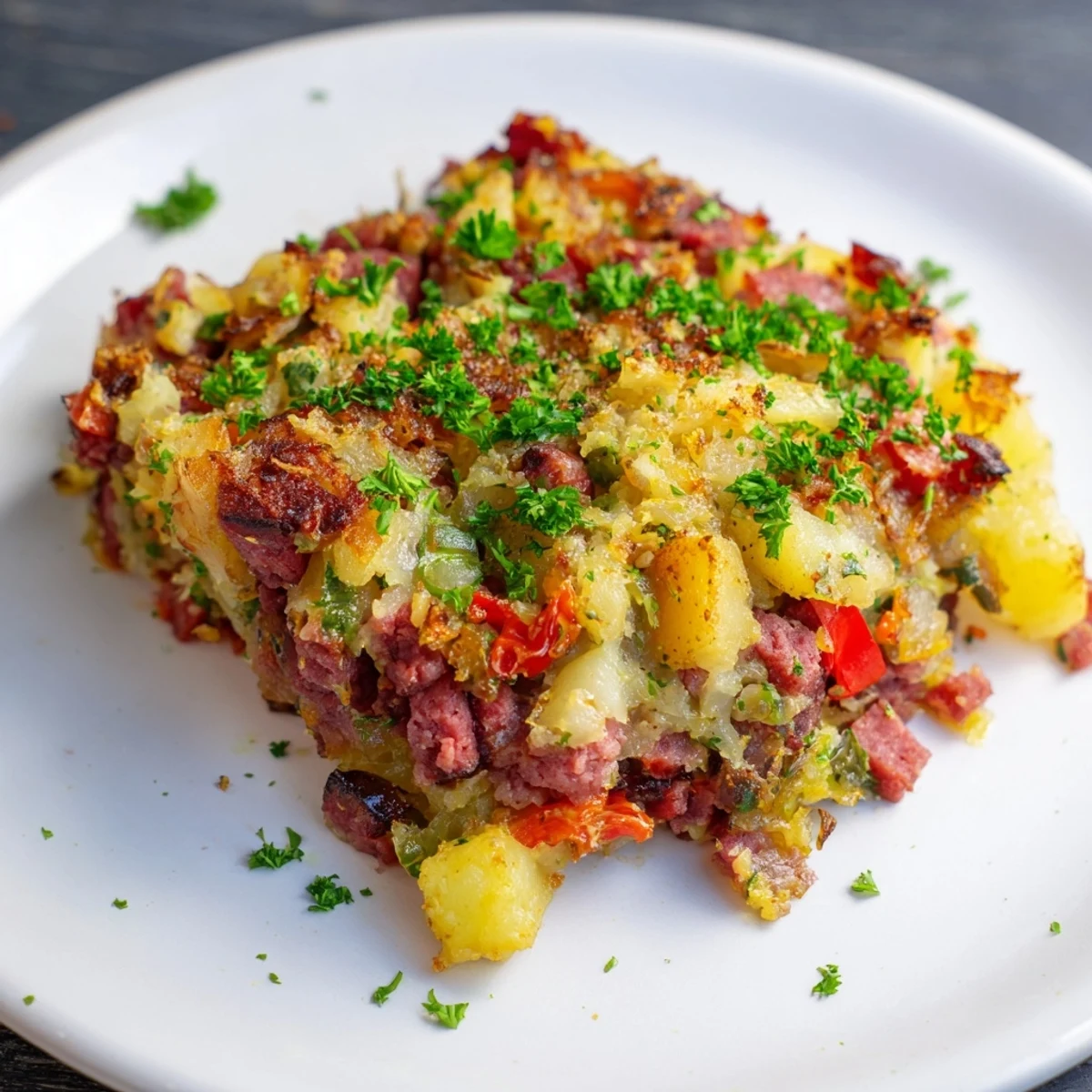 Golden crispy potatoes and tender corned beef hash topped with a sunny-side-up egg for a hearty breakfast.