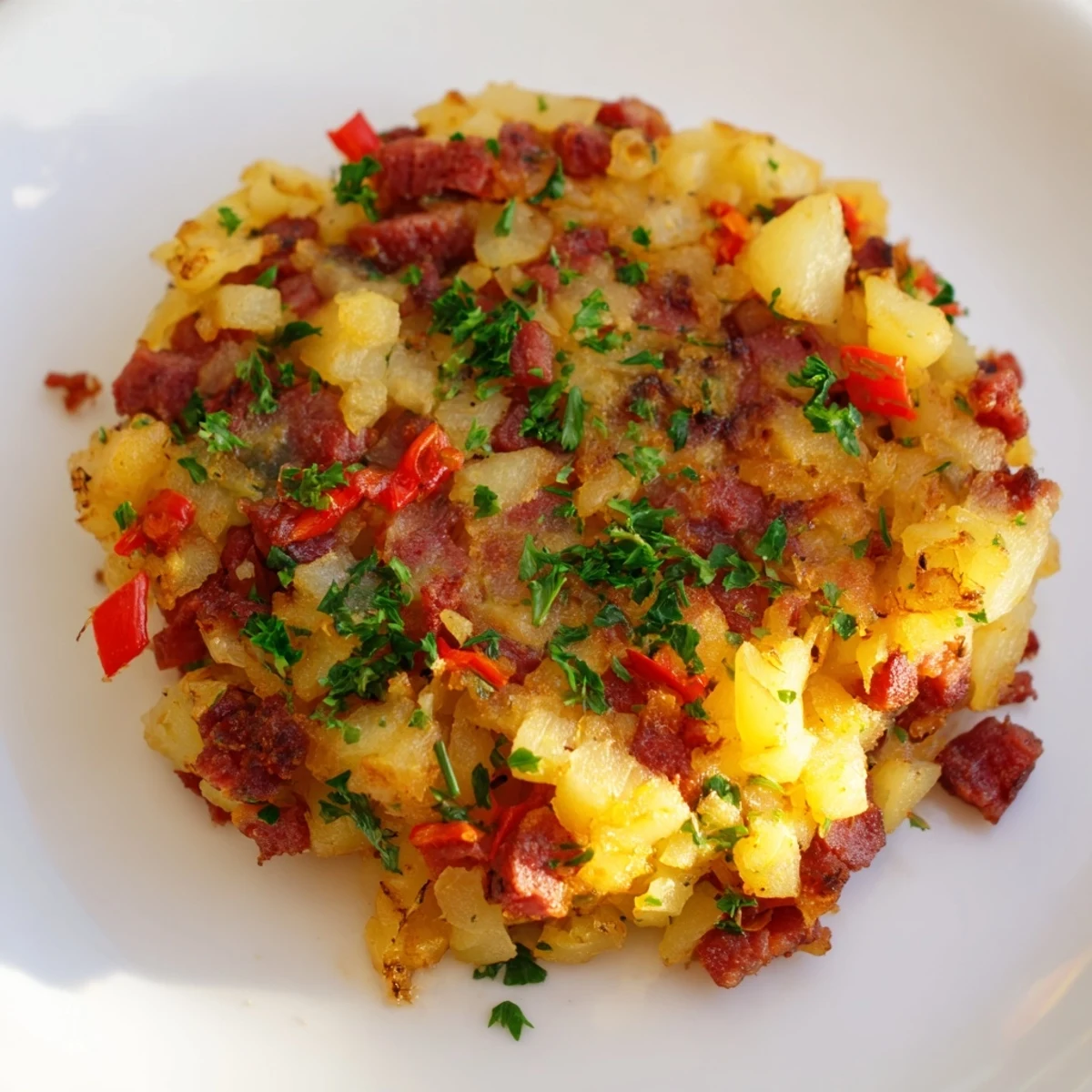 A close-up of savory corned beef hash with crispy potatoes, garnished with fresh parsley and perfect for brunch.