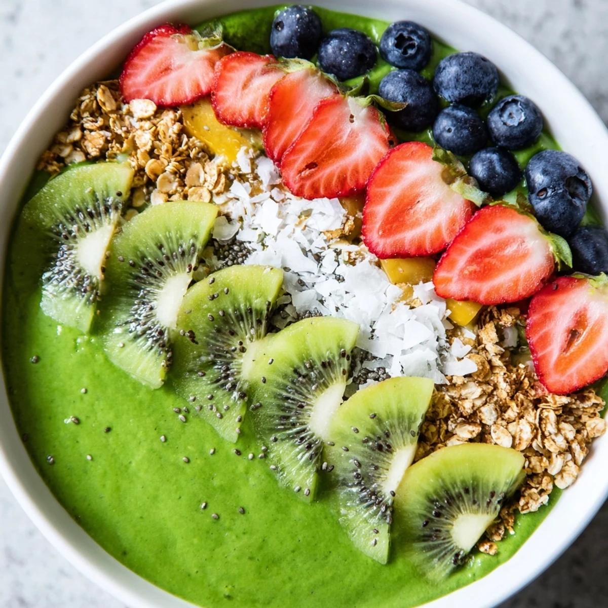 A bright green Green Smoothie Bowl with Fruit Toppings garnished with fresh strawberries and crunchy granola.