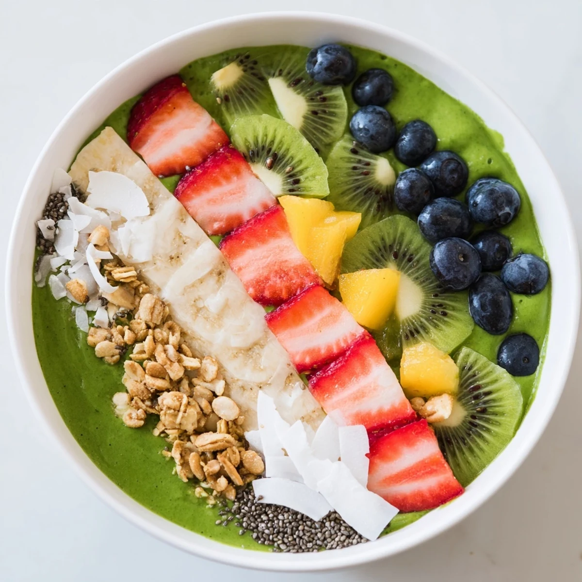 The creamy Green Smoothie Bowl with Fruit Toppings is served chilled with vibrant kiwi and blueberries.