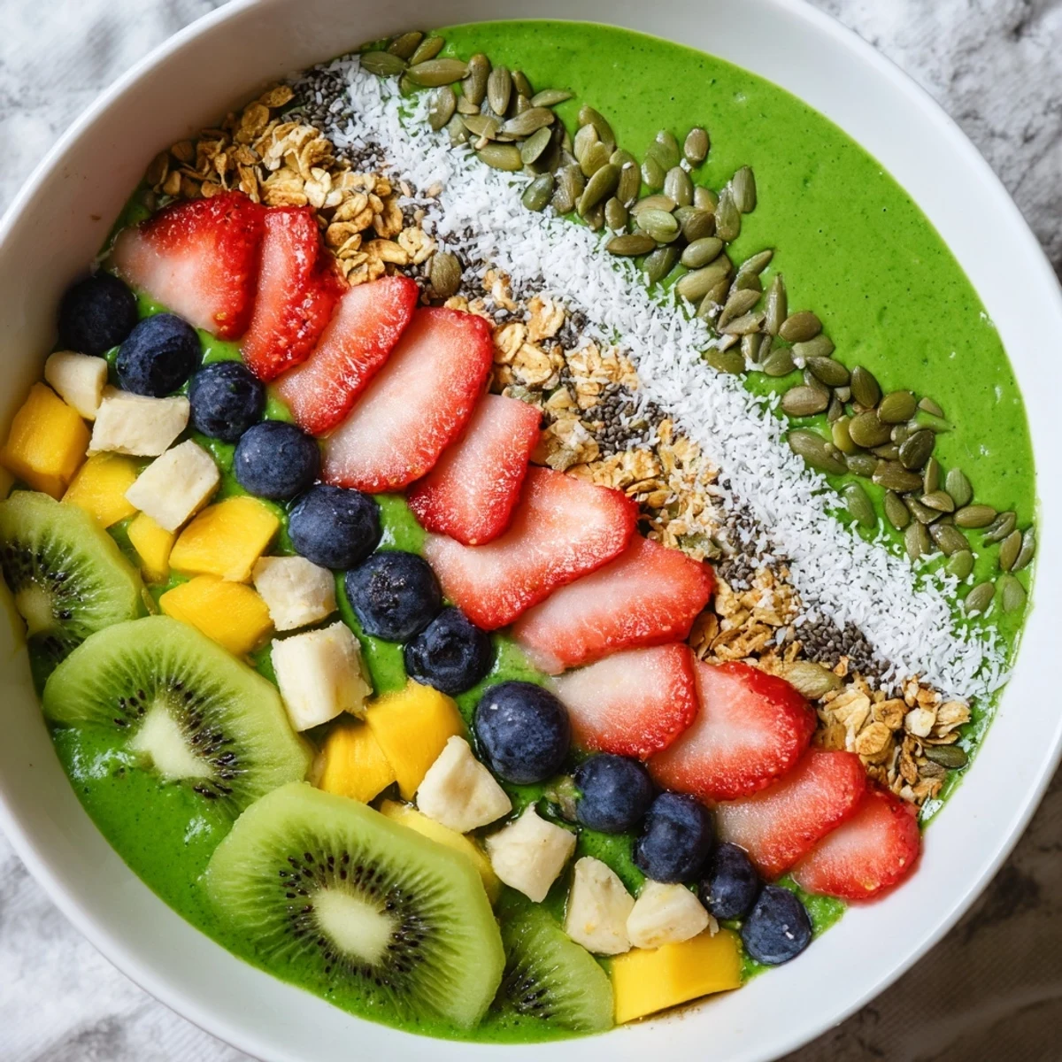 Spoon into a thick Green Smoothie Bowl with Fruit Toppings featuring pumpkin seeds and sweet coconut flakes.