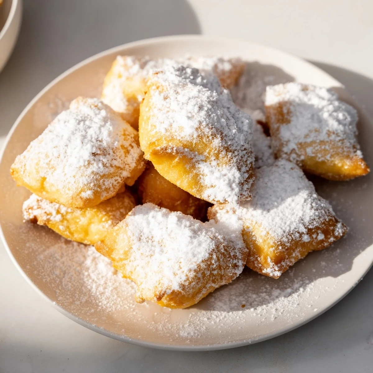Golden squares of Mardi Gras fried dough, deep-fried to a light puff and coated in sweet powdered sugar on a festive plate.