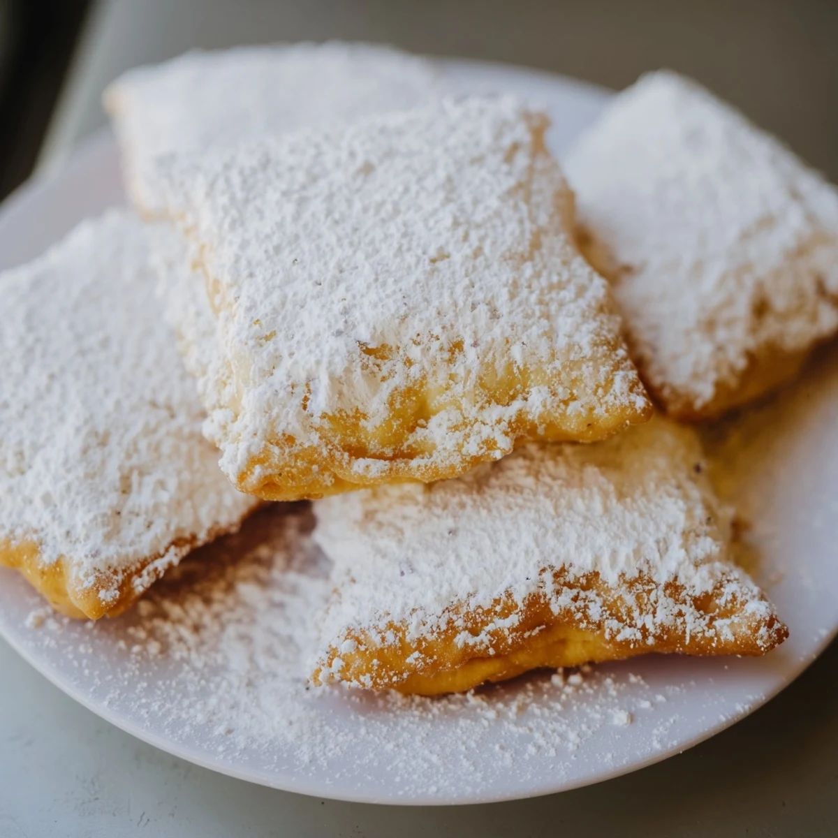 A close-up of fluffy Mardi Gras fried dough pieces, dusted with powdered sugar and served warm on a Carnival celebration table.