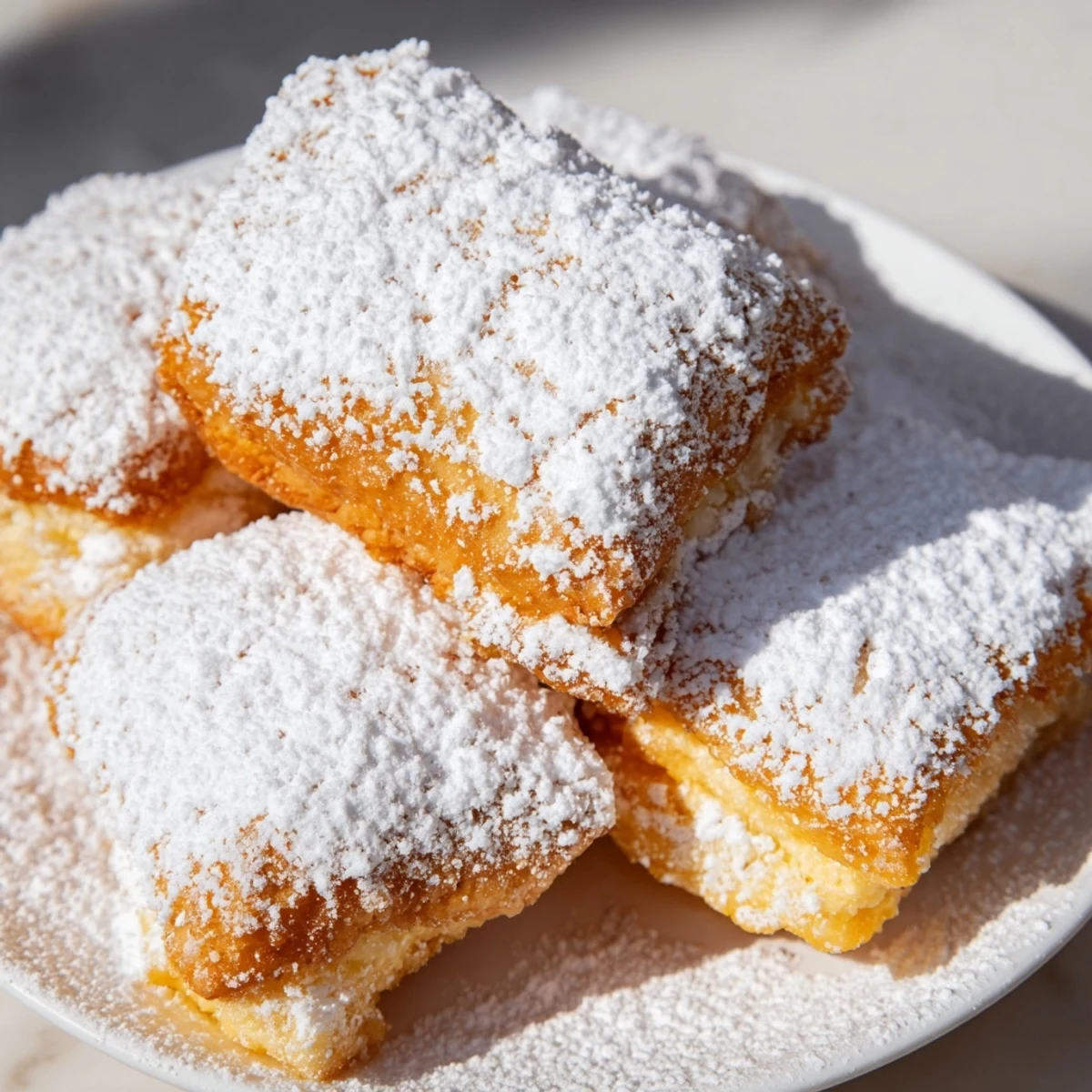 Stack of Mardi Gras fried dough squares, lightly crisped and generously sprinkled with powdered sugar for a classic New Orleans dessert.