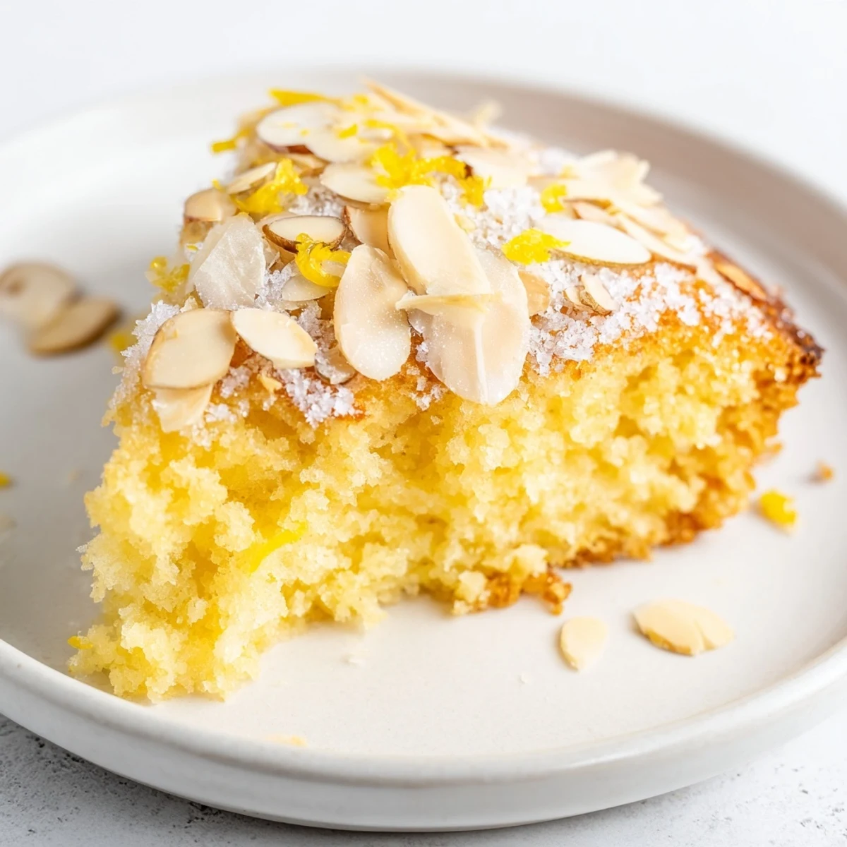 Golden-brown Lemon Ricotta Cake with Sliced Almonds rests on a white plate, showcasing a moist crumb and crunchy almond topping.