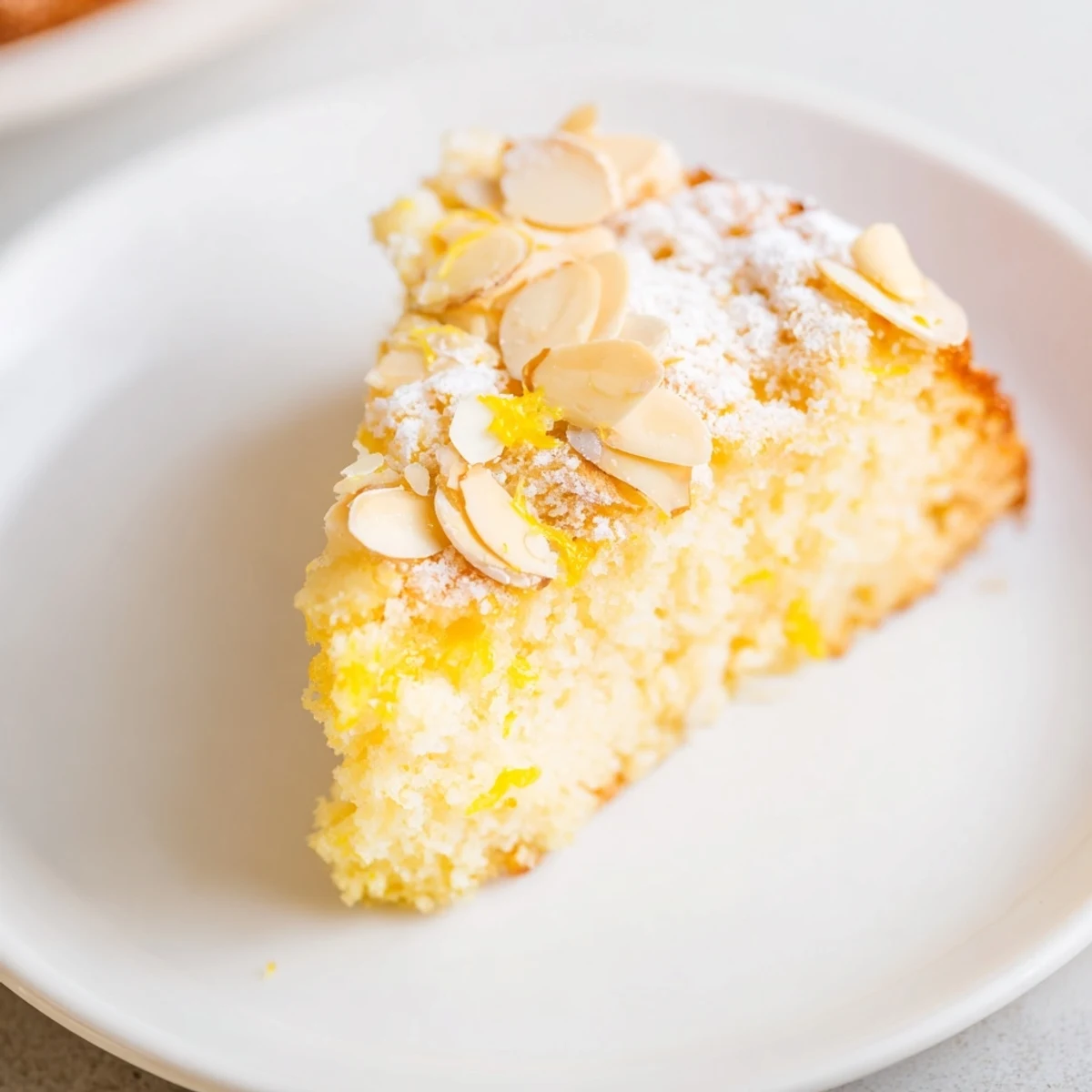 A freshly baked Lemon Ricotta Cake with Sliced Almonds is sliced to reveal a tender, creamy interior flecked with lemon zest.