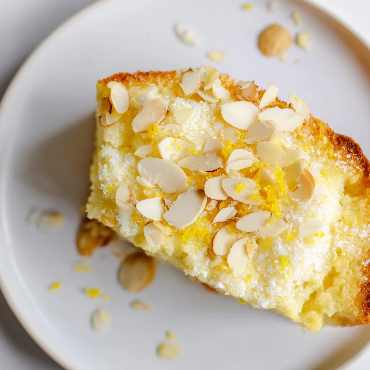Overhead view of a rustic Lemon Ricotta Cake with Sliced Almonds, ready to be served with a light dusting of powdered sugar.