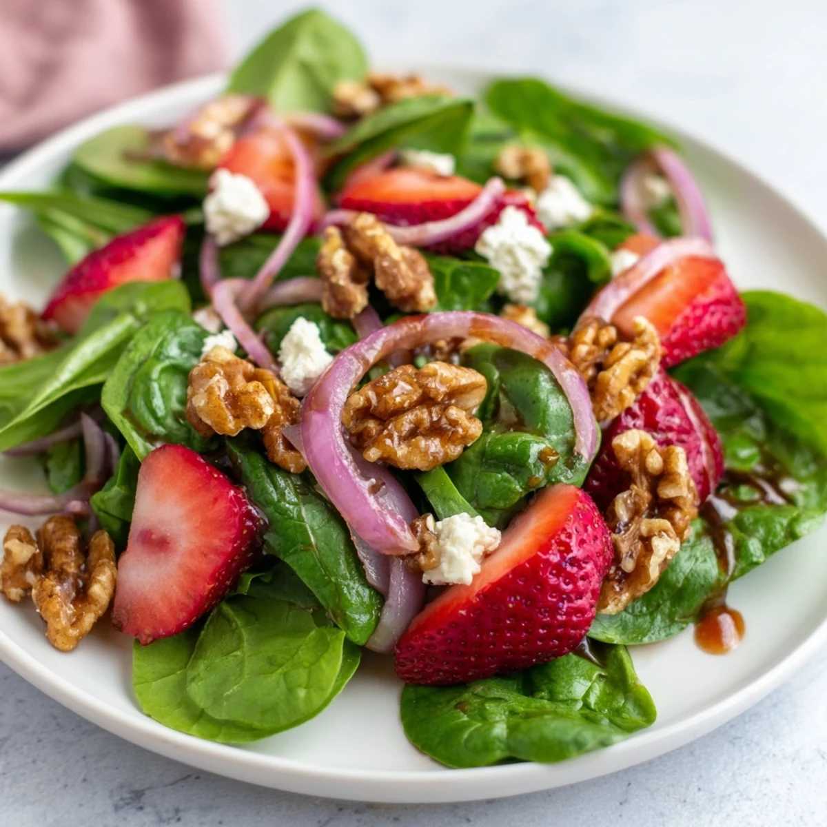 Fresh baby spinach leaves topped with sliced strawberries, crumbled goat cheese, and shiny candied walnuts in a salad bowl.