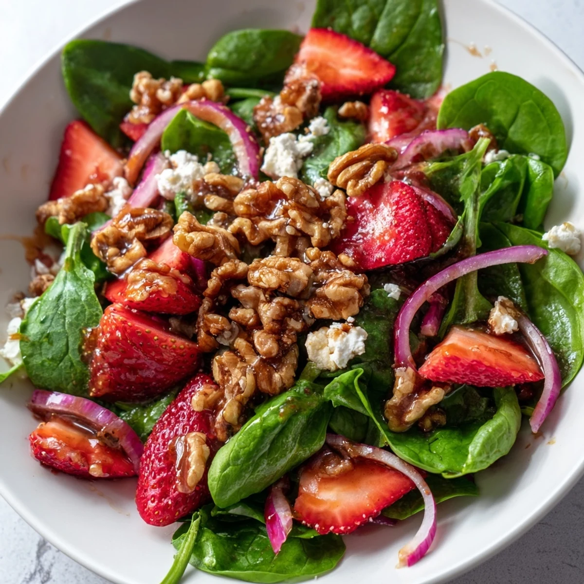 A close view of the Strawberry Spinach Salad with Candied Walnuts showing a tangy balsamic vinaigrette drizzle over the ingredients.