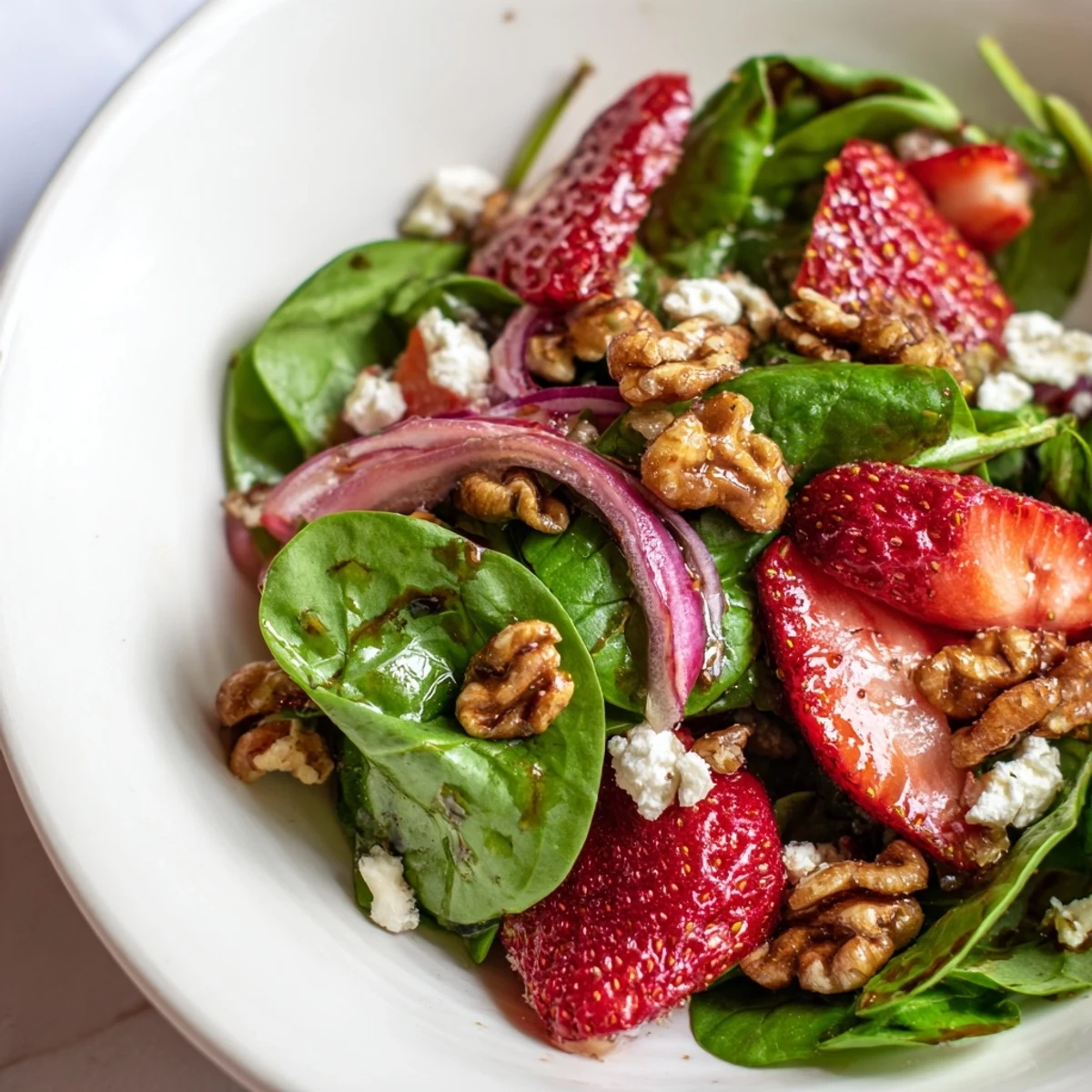 Plated Strawberry Spinach Salad with Candied Walnuts garnished with thin red onion slices and glistening candied nuts ready to serve.