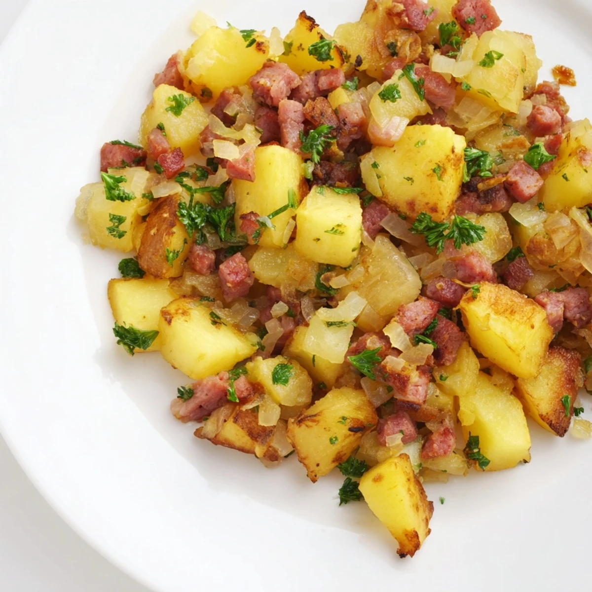 A close-up of Corned Beef Hash with Crispy Potatoes sizzling in a skillet, topped with a sunny-side-up egg and fresh parsley garnish.