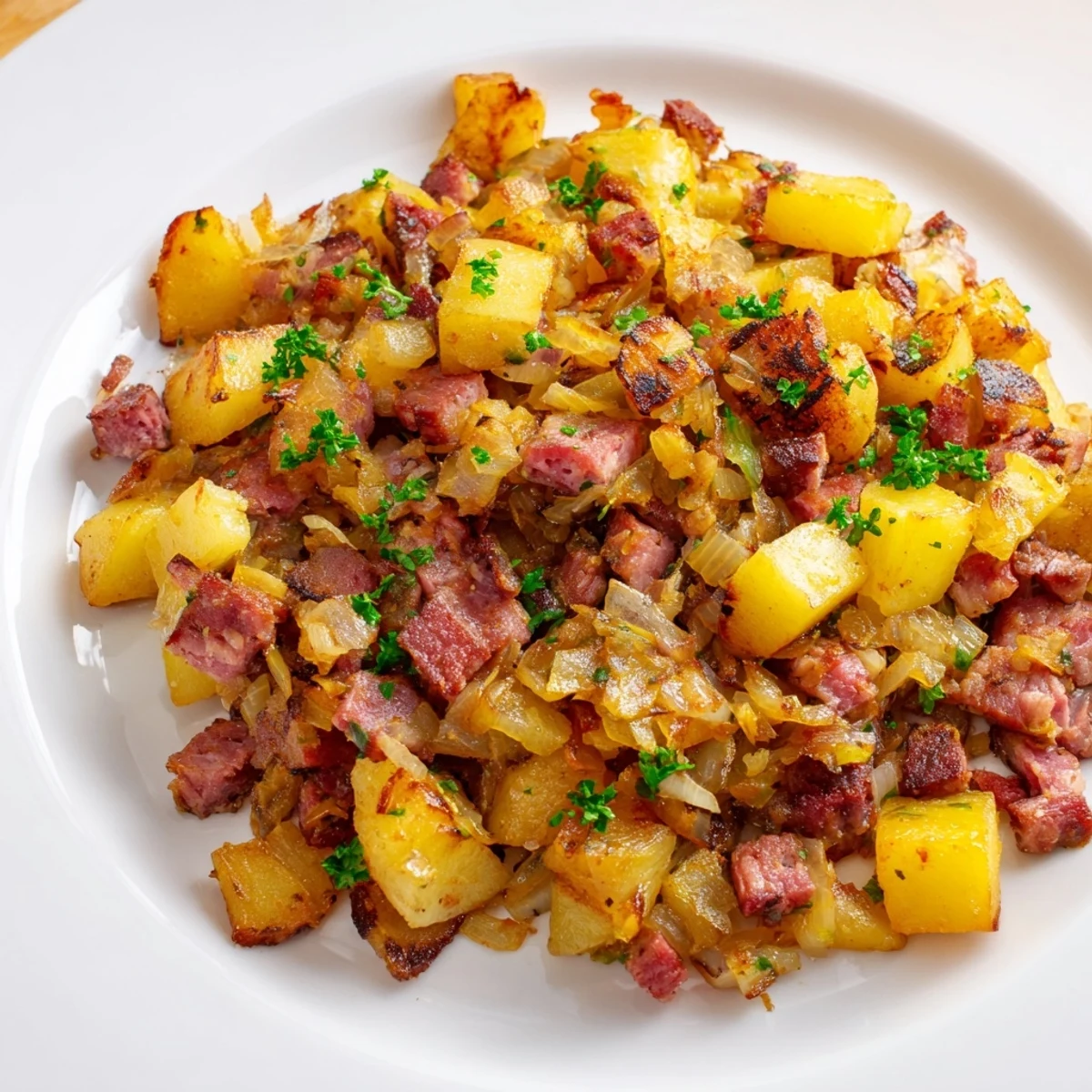 A hearty skillet of Corned Beef Hash with Crispy Potatoes served on a white plate with a side of hot sauce for dipping.