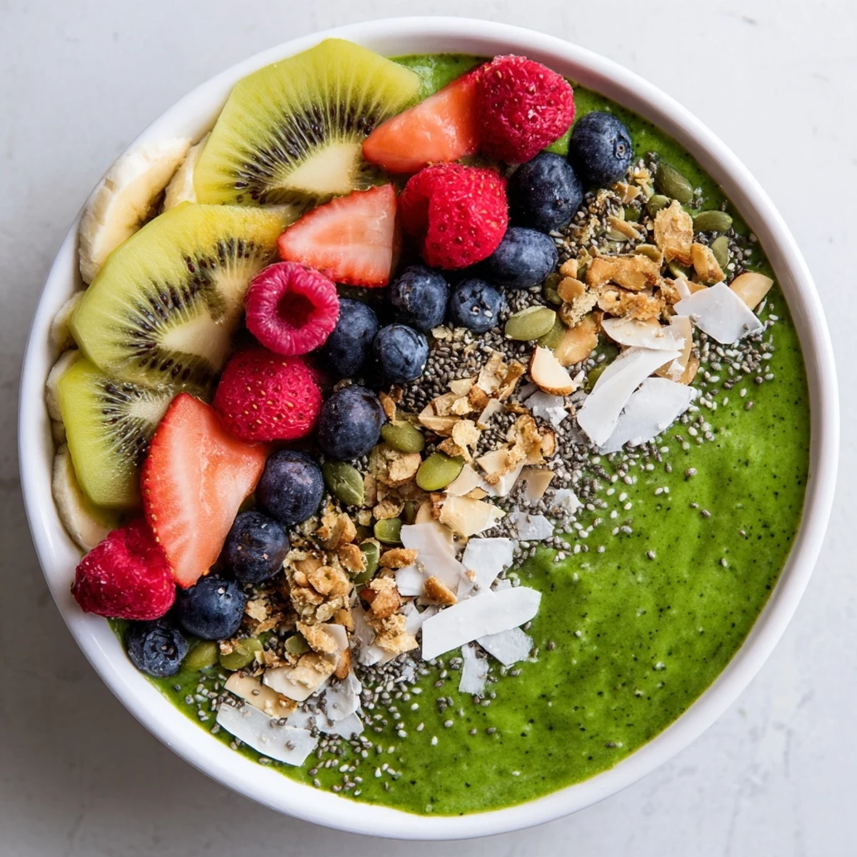 Creamy Green Smoothie Bowl with Fruit Toppings showcases fresh berries and kiwi slices over a chilled, nutrient-rich blend, perfect for an energizing morning meal.