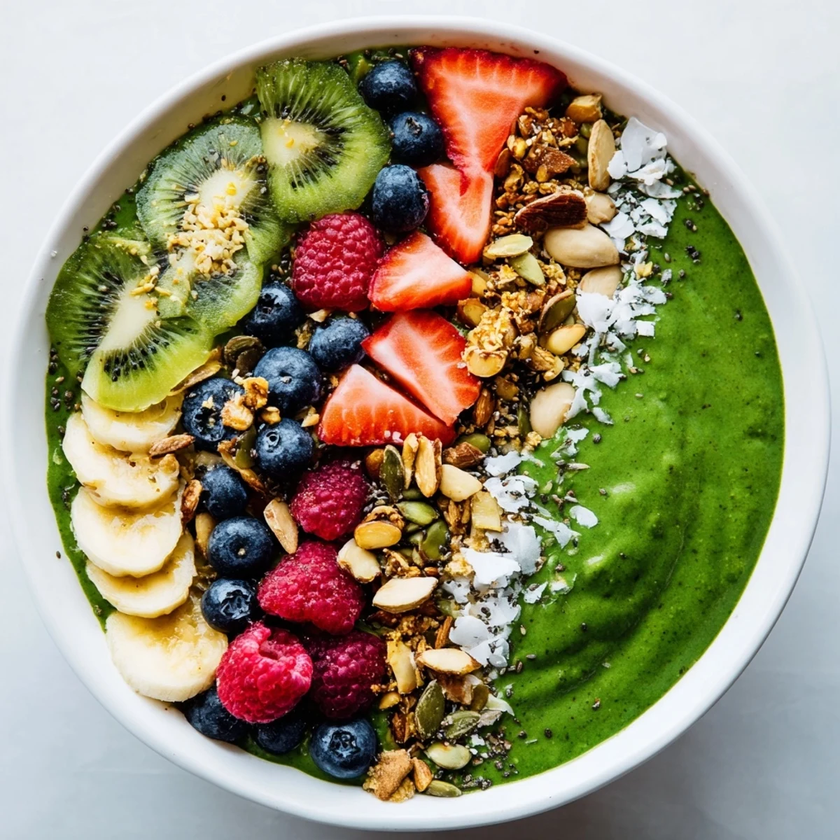 This Green Smoothie Bowl with Fruit Toppings features a spoonable, thick smoothie base crowned with sliced banana, coconut flakes, and seeds for texture.