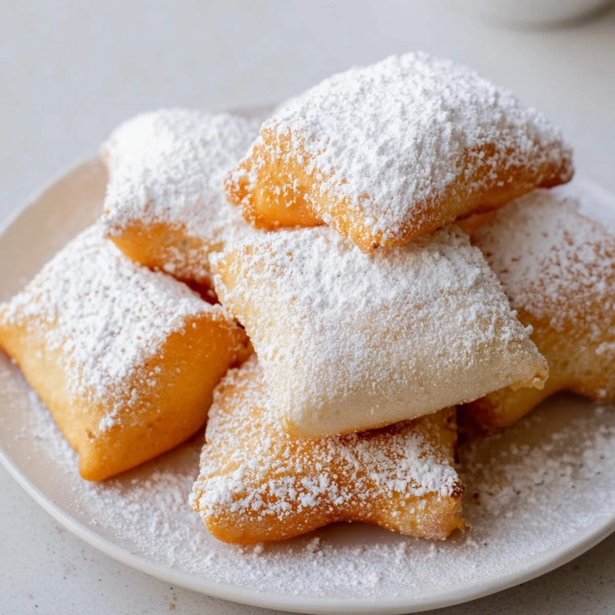 Sweet powdered sugar swirls over golden Mardi Gras Fried Dough pillows, served with a joyful smile.