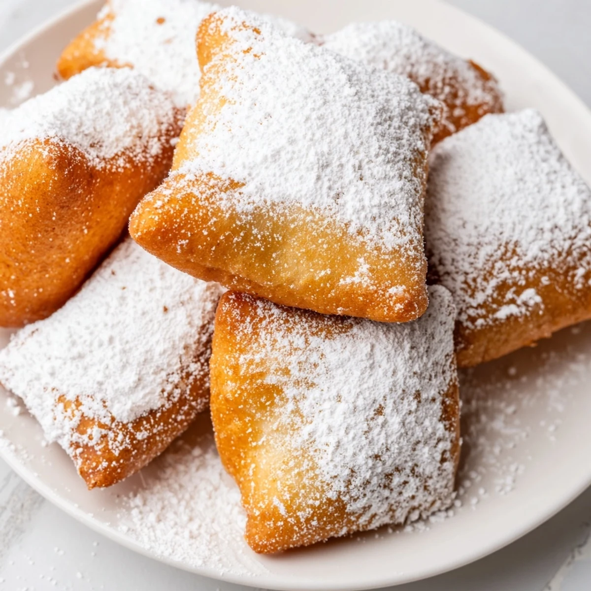 Golden, crispy Mardi Gras Fried Dough squares dusted with powdered sugar on a festive plate.