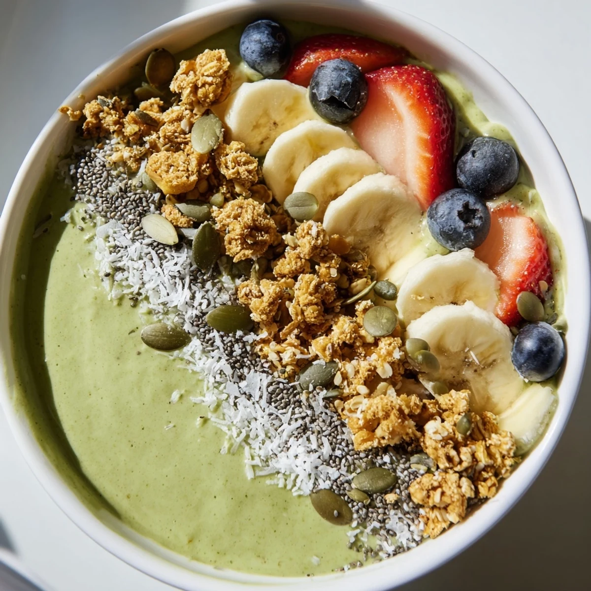 Close-up of a creamy Green Smoothie Bowl with Toppings showing a swirl of leafy greens and mango, sprinkled with pumpkin seeds and coconut flakes for a nourishing breakfast.