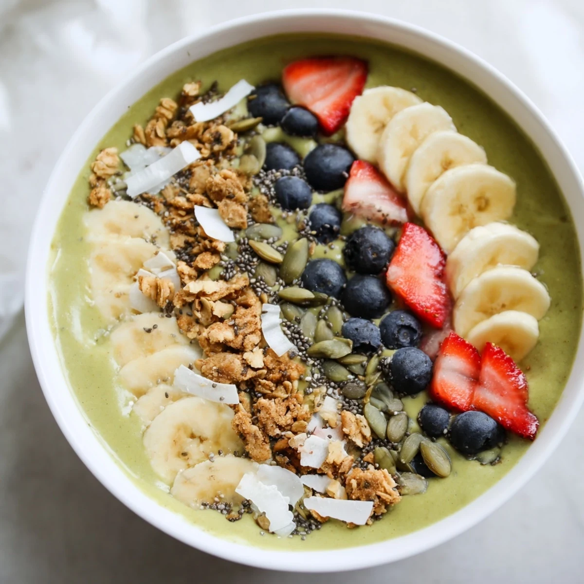 Overhead view of a Green Smoothie Bowl with Toppings featuring a thick, frosty base, fresh blueberries, and gluten-free granola, ready to eat in a cozy kitchen setting.