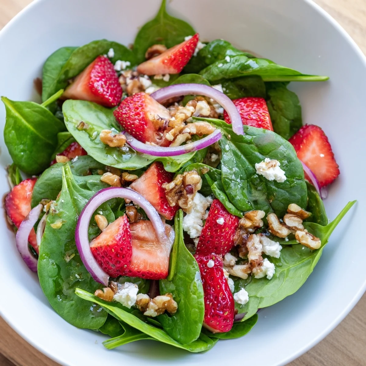 A close-up view of a vibrant Strawberry Spinach Salad with Walnuts, served in a white ceramic bowl for a fresh, healthy meal.