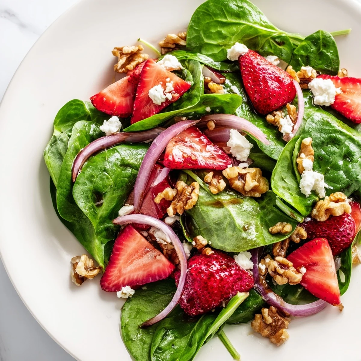 Colorful bowl of Strawberry Spinach Salad with Walnuts tossed in honey-Dijon dressing, perfect for a quick vegetarian lunch or picnic.