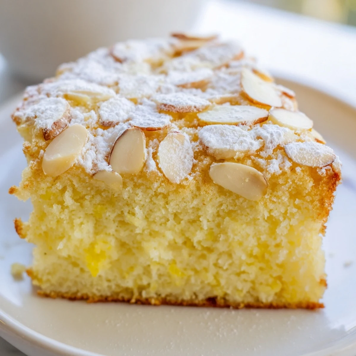 Freshly baked Lemon Ricotta Cake with Almonds dusted with powdered sugar on a rustic wooden board.
