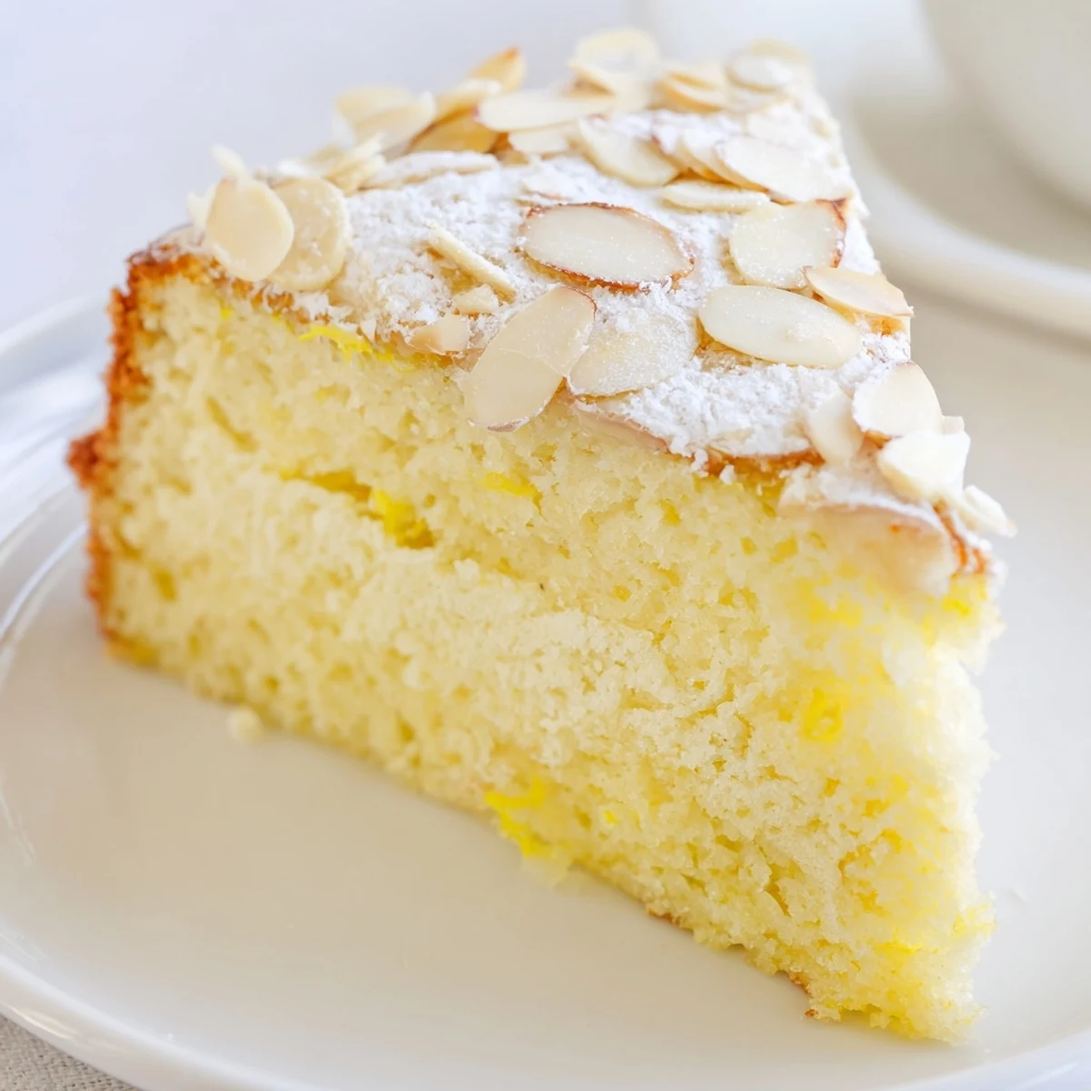 Sliced wedge of Lemon Ricotta Cake with Almonds revealing moist crumb and creamy ricotta texture.