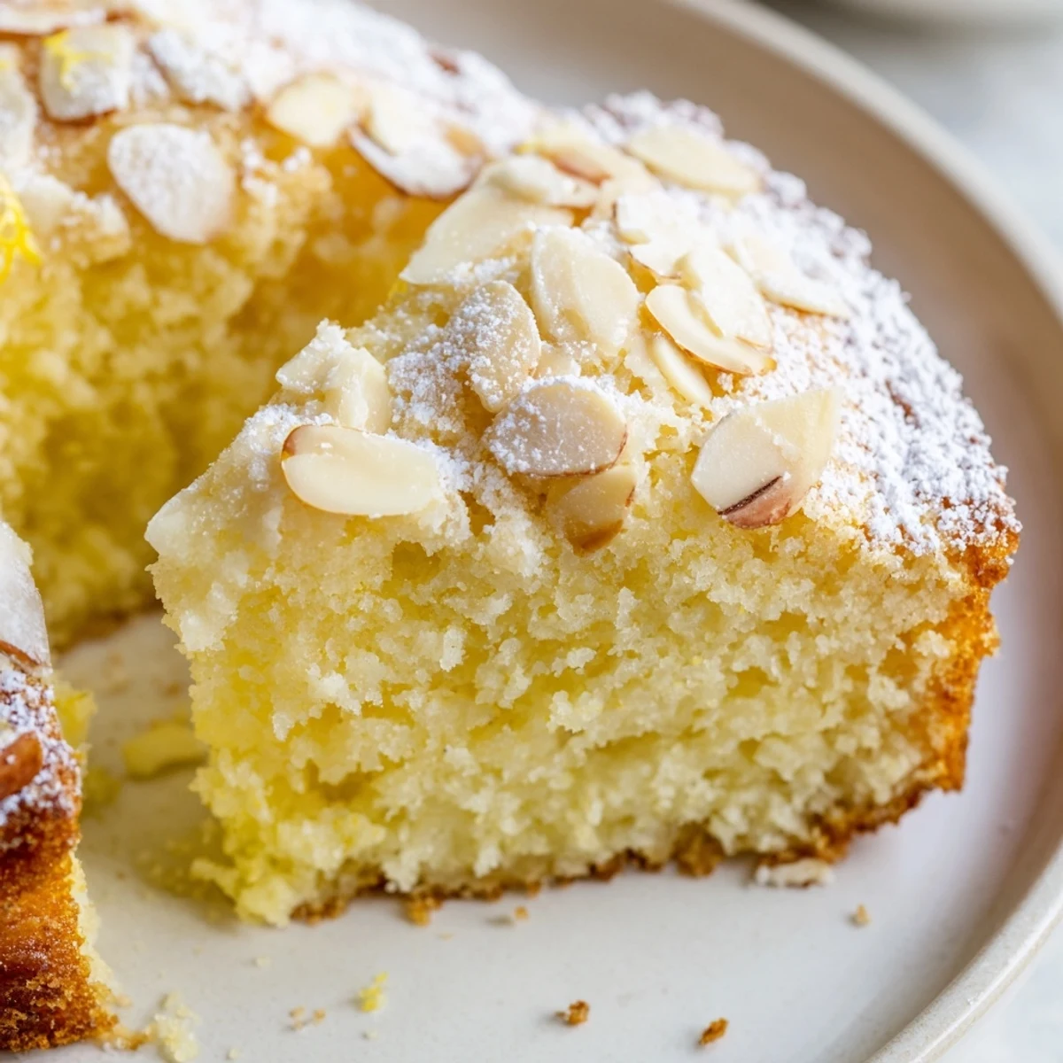 Lemon Ricotta Cake with Almonds topped with sliced almonds and lemon zest on a white plate.