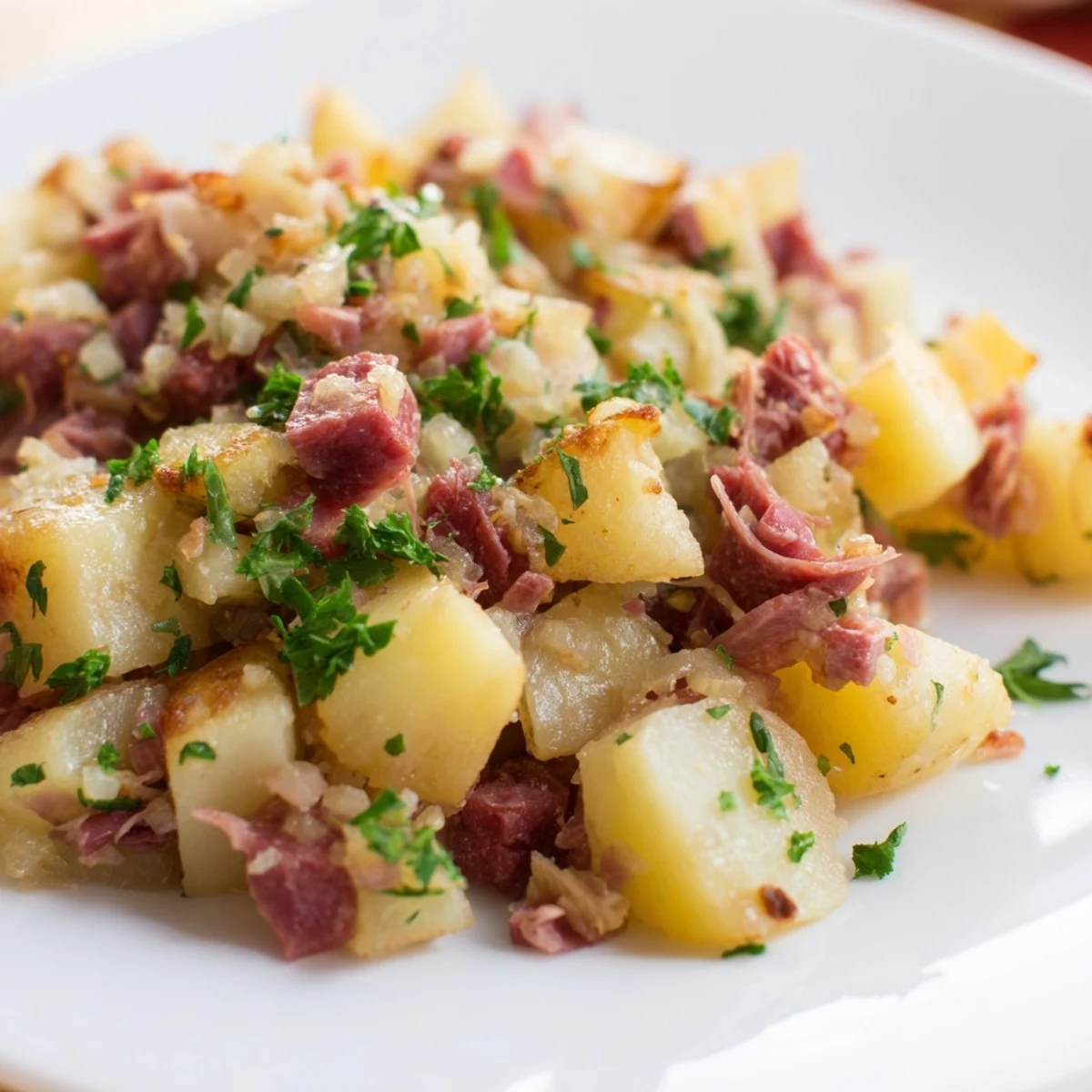 Sizzling skillet of Corned Beef Hash with Potatoes, crispy edges, topped with a runny fried egg for brunch.