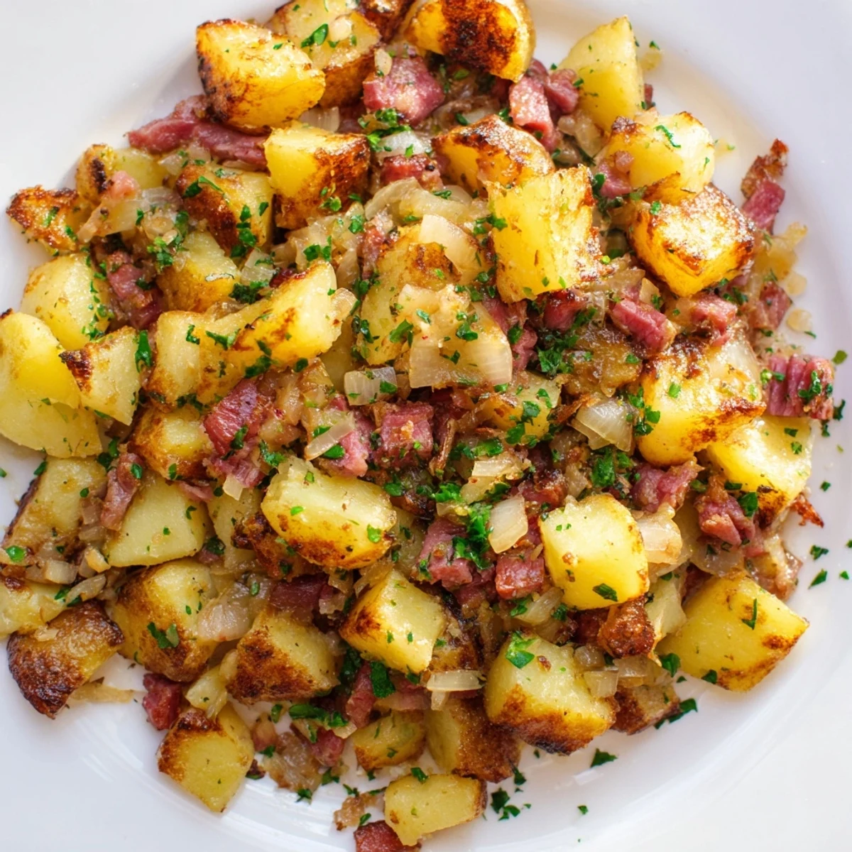 Hearty Corned Beef Hash with Potatoes features golden russet potatoes, savory onions, and fresh parsley garnish for serving.