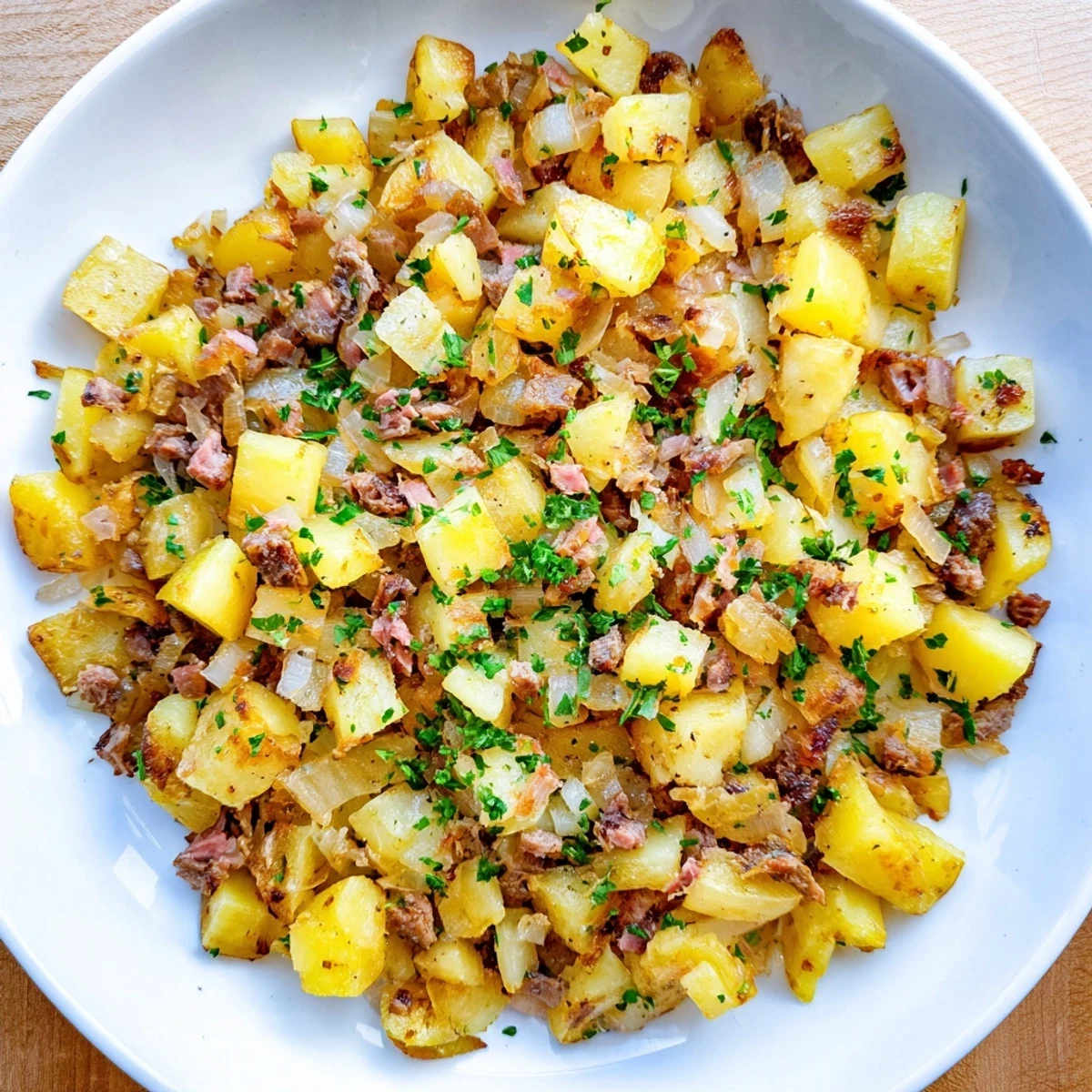 Golden Corned Beef Hash with Potatoes in a cast iron skillet, ready to serve with hot sauce on the side.