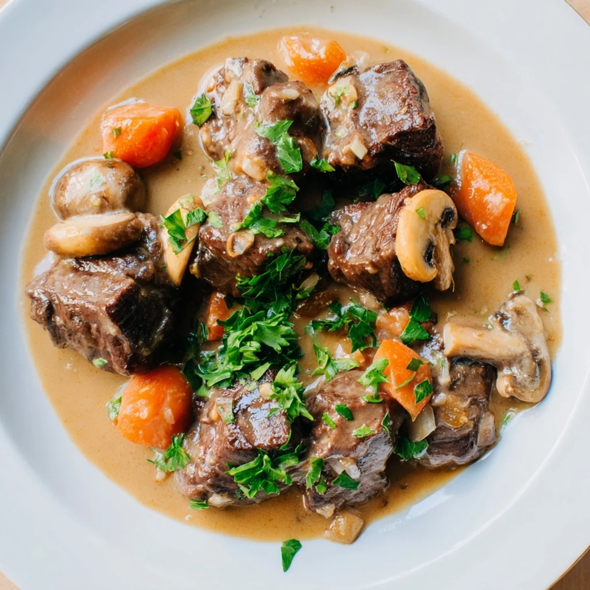 Steam rises from a bowl of Lemongrass Coconut Braised Beef with Mushrooms, served over fluffy jasmine rice and garnished with fresh cilantro and scallions.