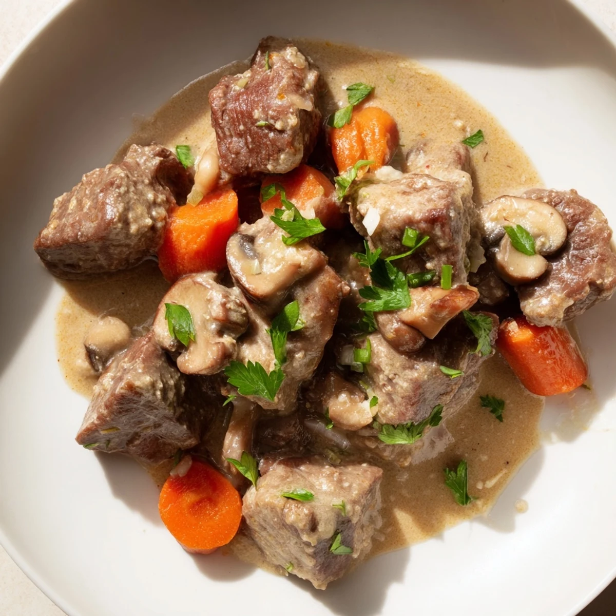 Golden-brown beef and earthy mushrooms simmer in a creamy coconut sauce for Lemongrass Coconut Braised Beef with Mushrooms, a hearty, gluten-free main dish.