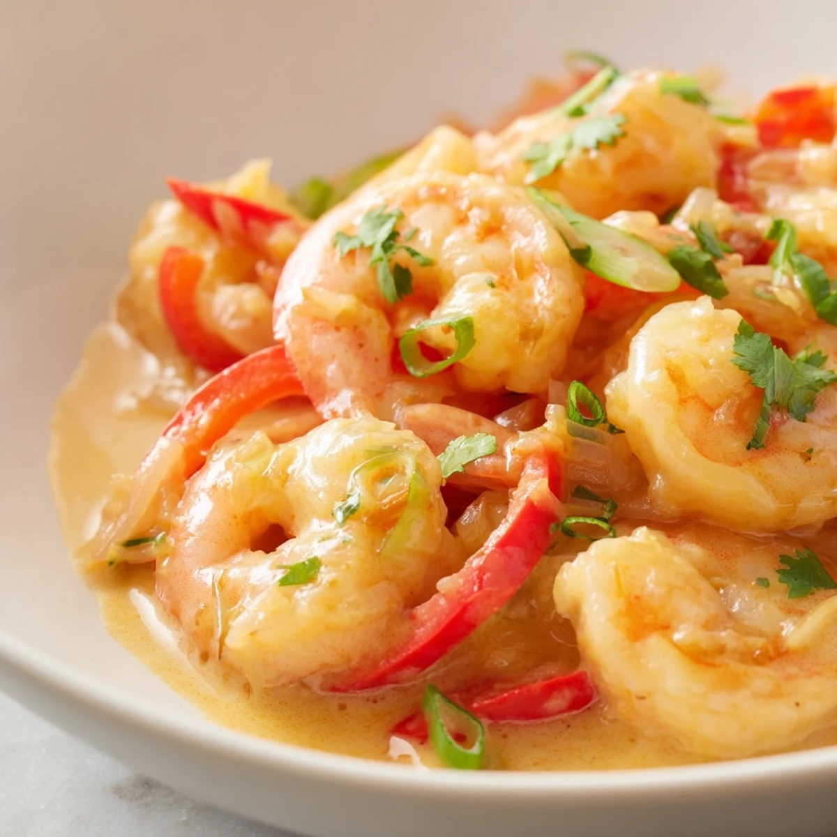 Steaming bowl of Garlic Shrimp in Coconut Milk garnished with cilantro and lime wedges, served over fluffy jasmine rice.