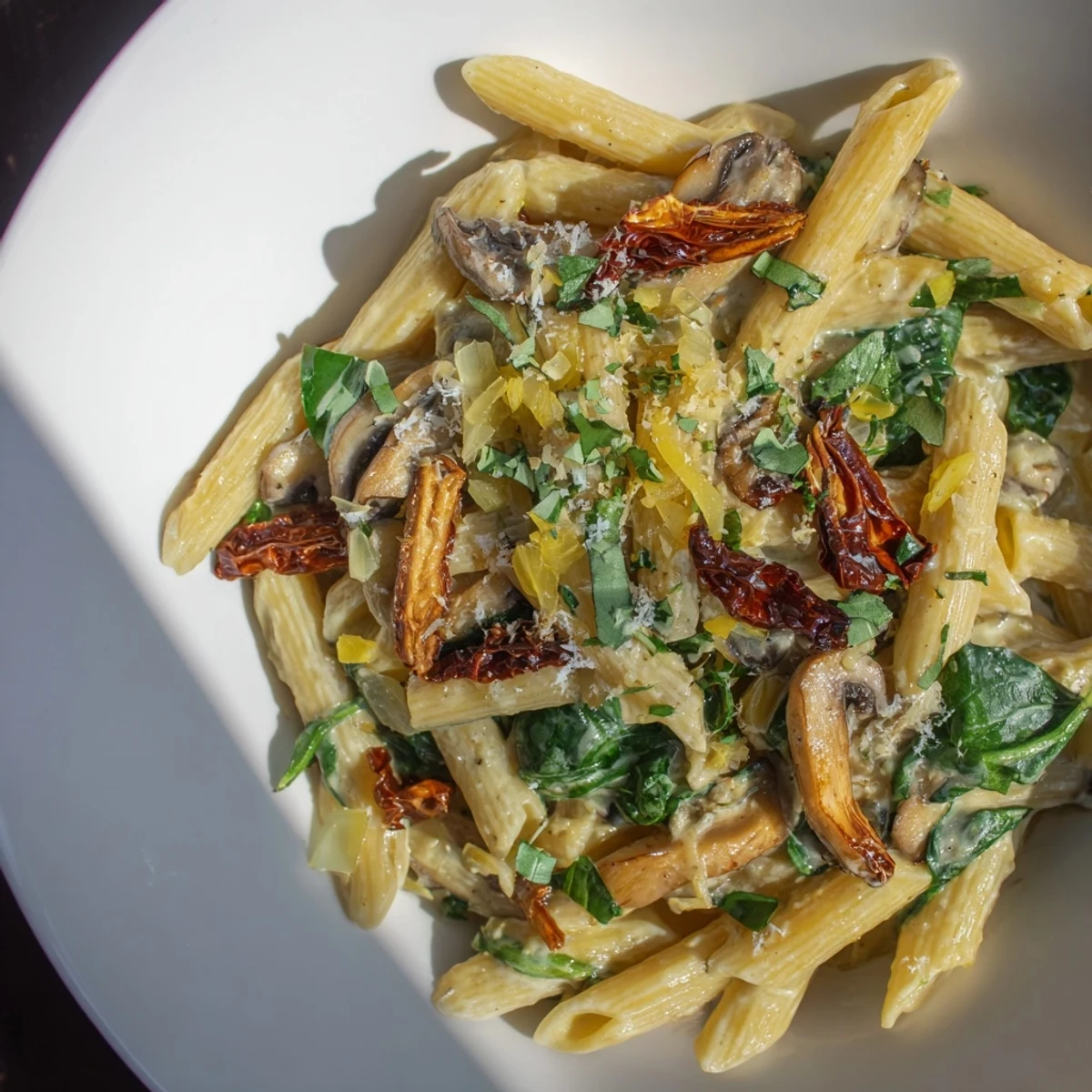 A creamy Tuscan mushroom pasta skillet bubbling with tender mushrooms and wilted spinach in a rich Parmesan sauce.